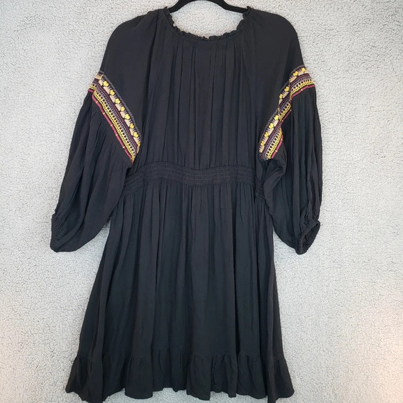 Nostalgia Black Rayon Embroidered Tassel Elastic Waist & Wrist Short Dress Sz L - Picture 9 of 11